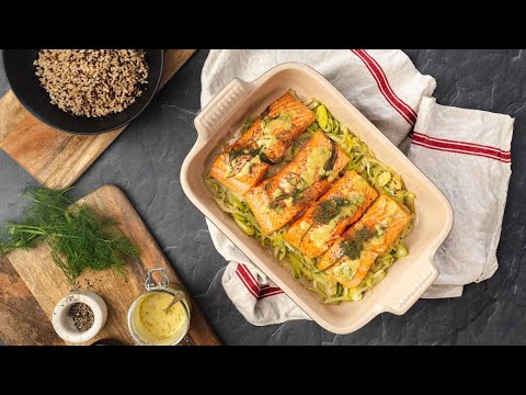 Baked Salmon on Leek & Fennel with Mustard Vinaigrette